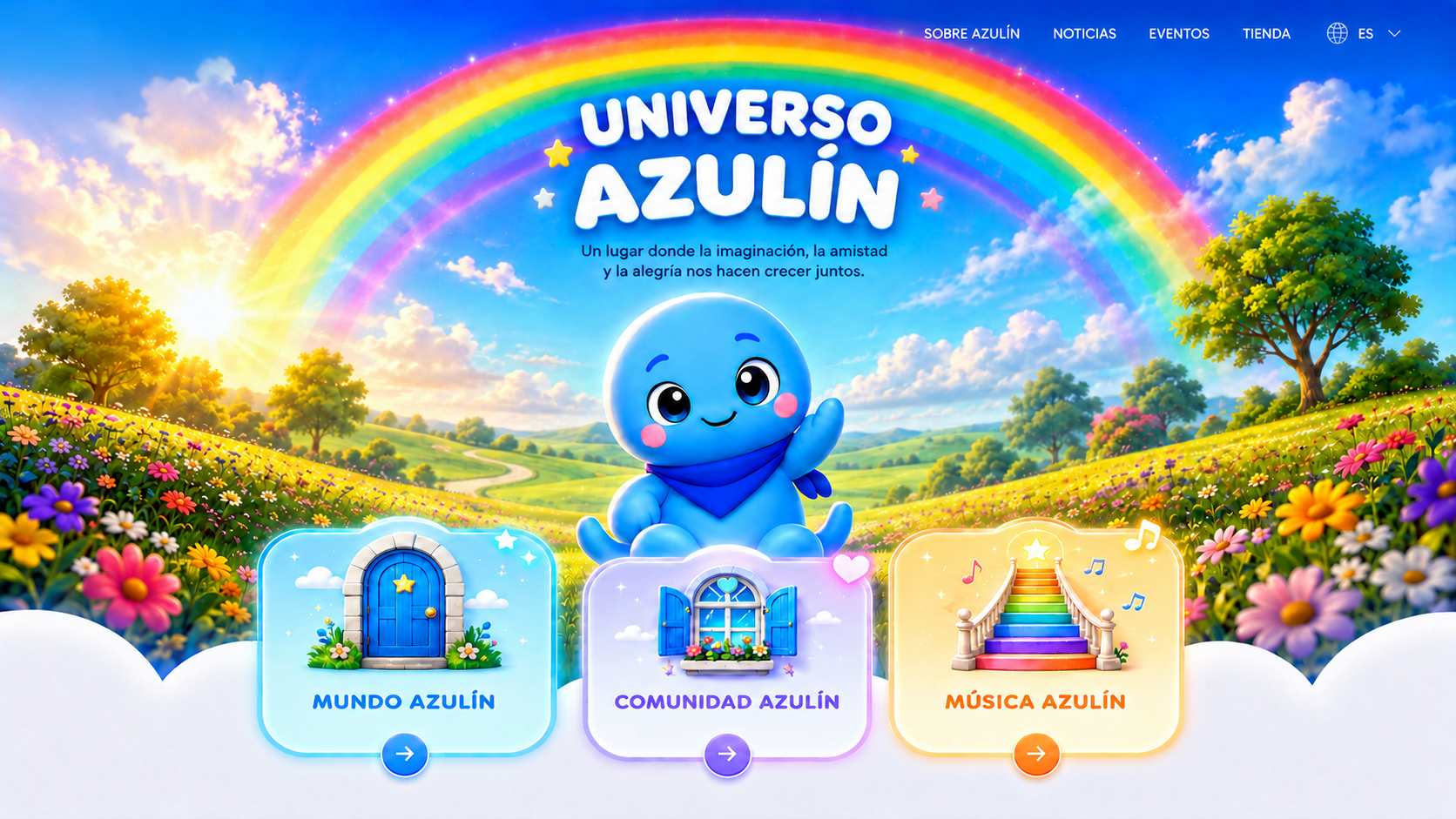 Universo Azulín con arcoíris, Azulín y accesos a Mundo Azulín, Comunidad Azulín y Música Azulín